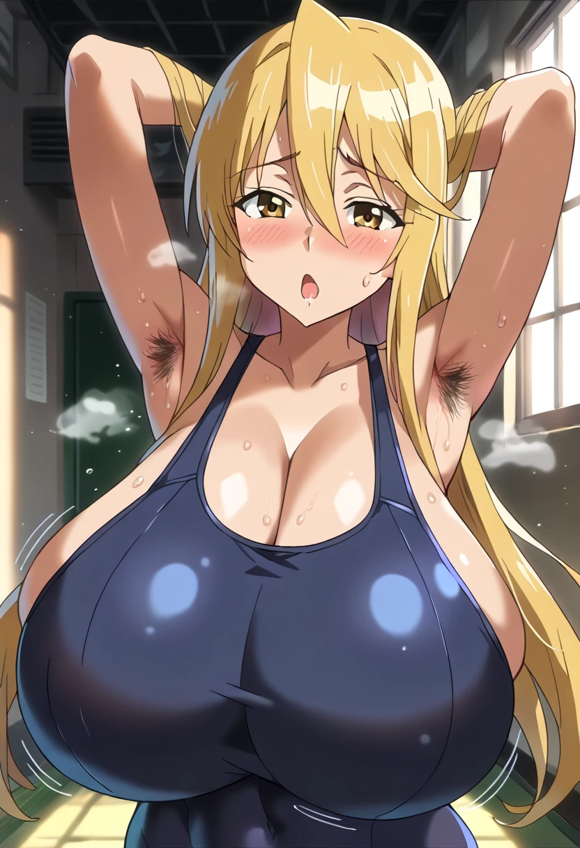 anime,anime cel style,anime style,High resolution, 1. Waman, aasena, long hair, hair ornament, blue bikini, cleavage, halterneck, (oversized breasts,gigantic breasts:1.5),beach,(sweat,steam:1.4),leaning forward,looking at viewer,breast squeeze,blush,nervous