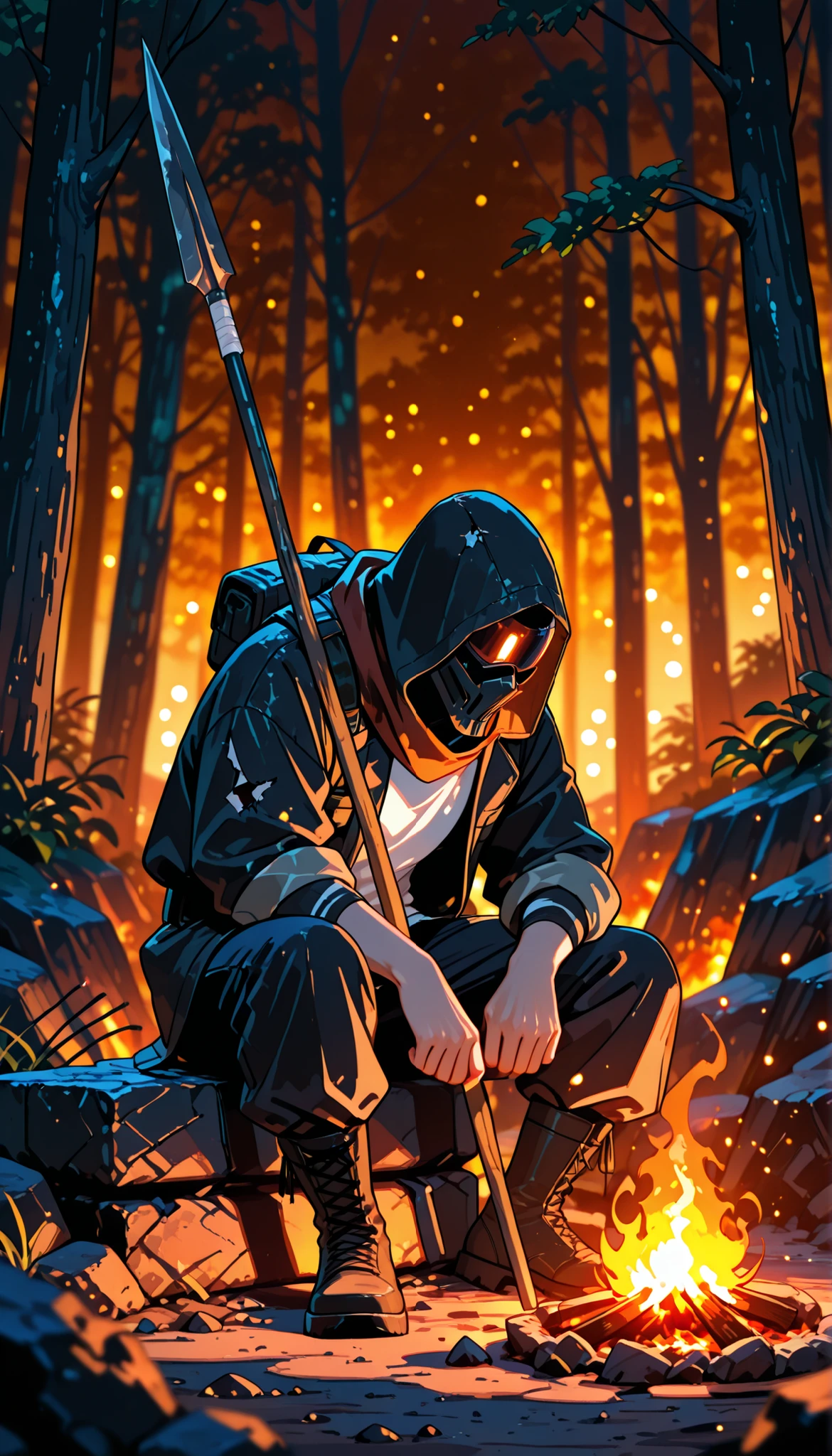 uninhabited island survival, Clothes Made of Rag Hemp, sitting, harpoon, bonfire, Island Shores and Forests,High Quality,Ultra-realistic,professional,4K resolution for hard hair,extreme details,realistic colors,bokeh,Strong Atmosphere,untapped nature,vast space,rocky place by the sea ,mystical lights,shortage々Cool Weather,Expression of Exhaustion,Struggling to Survive,Damaged Clothes,Battle for Survival