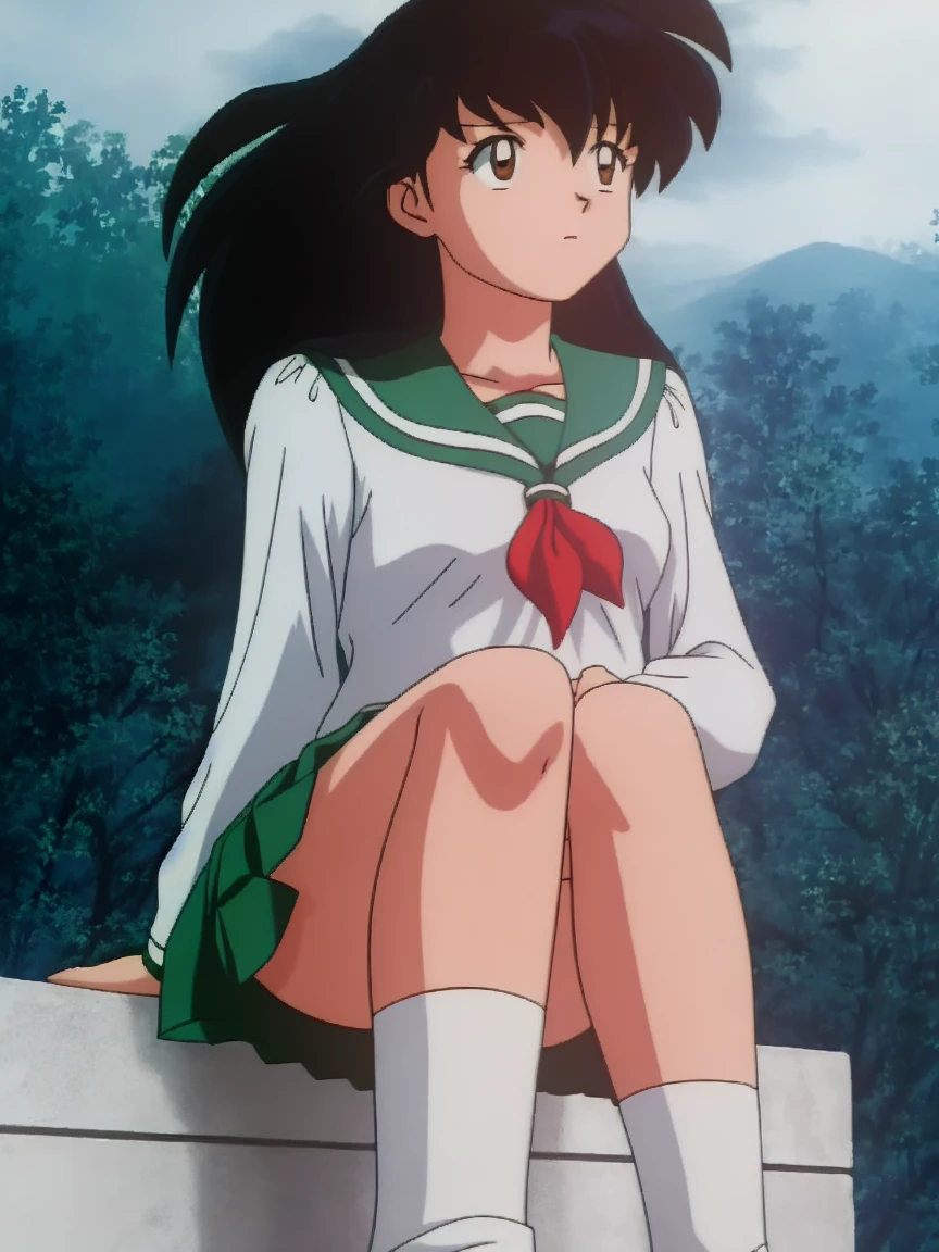 an anime woman sitting on top of a wooden bench with her hair up, 1girl, solo, outdoors, long hair, brown eyes, school uniform,(Masterpiece: 1.6, Best Quality), (Fine Beautiful Eyes: 1.2), (best quality, masterpiece, higher), green school uniform, soft thighs , long sleeves, white socks, scenery , Best Quality, ((anime)) ((Colored)) HD, Kagome Higurashi ,school uniforms, Standing, Green skirt, Red scarf, long hair, Black hair between the eyes, Thighs are soft, school background , black hair, skirt, sitting, green skirt, serafuku