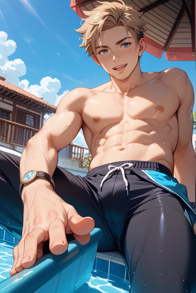 abs bishonen 18years-old 1(((guy))),NSFW,spread legs,(((wet))) ss size blue and white speedo,show off ass,wet,sweat,steam,blash,in heat,grab ass,aside speedo,blueeyes,masterpiece,from side back ,(((gay))),tan-skin,(thong tanline),oil,looking back, score_9, score_8_up, score_7_up, score_6_up, score_5_up, score_4_up