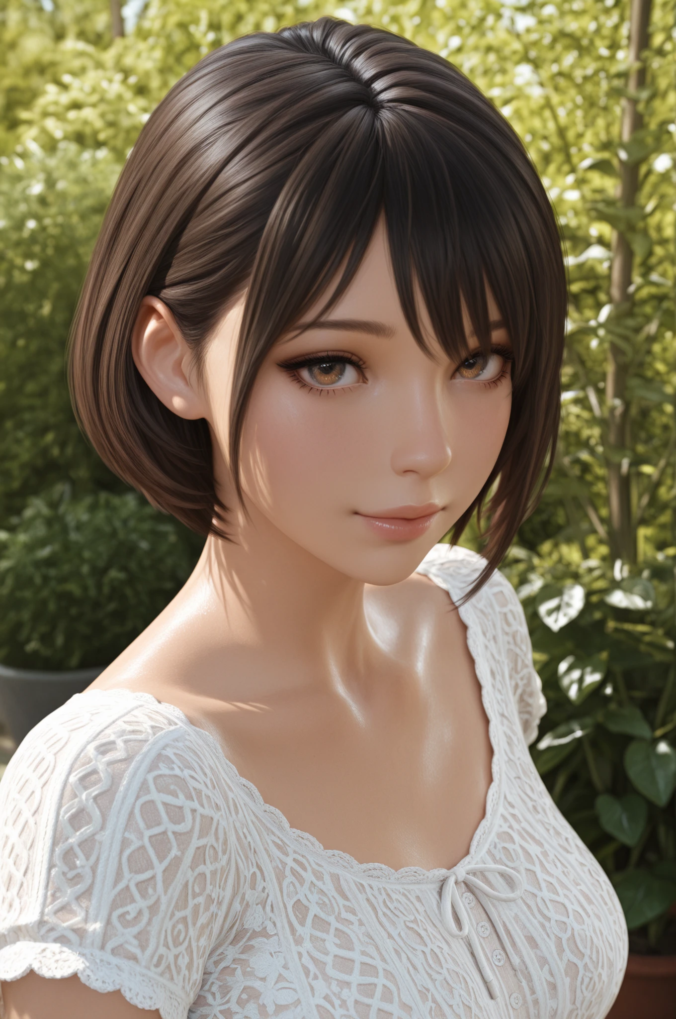 (masterpiece, ultra high res, best quality:1.3), (Jet black eyes:1.3), (yellowish-brown skin tone:1.0), Sleek straight bob, light blue hair, pensive, large breasts, from above, portrait, girl, cleavage, South Korea, Tourism, Boseong Green Tea Fields, vast tea plantations in Boseong known for their scenic beauty and green tea production.,,realistic:1.3,upper body,looking at viewer,