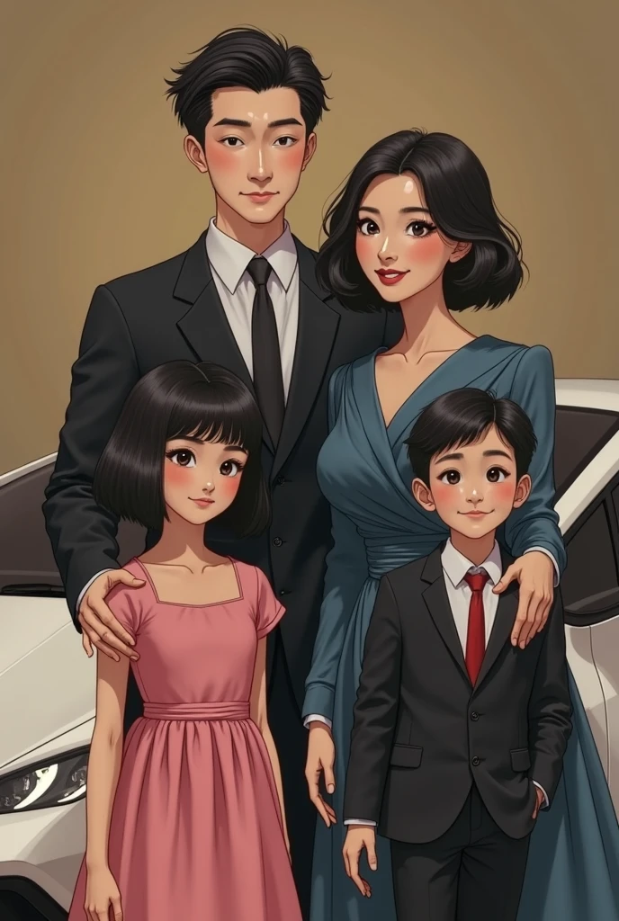 illustration of a family of five standing together in front of a pink background, family portrait, retrato de uma gangue rosa, rotoscopia, retrato nft, em estilo cartoon, official Admirador de arte, family photo, barong family, caricatura, Admirador de arte, digital illustration, happy family, stylized digital illustration, family, desenhado no estilo de Mark Arian usando a regra de 3 nas medidas 