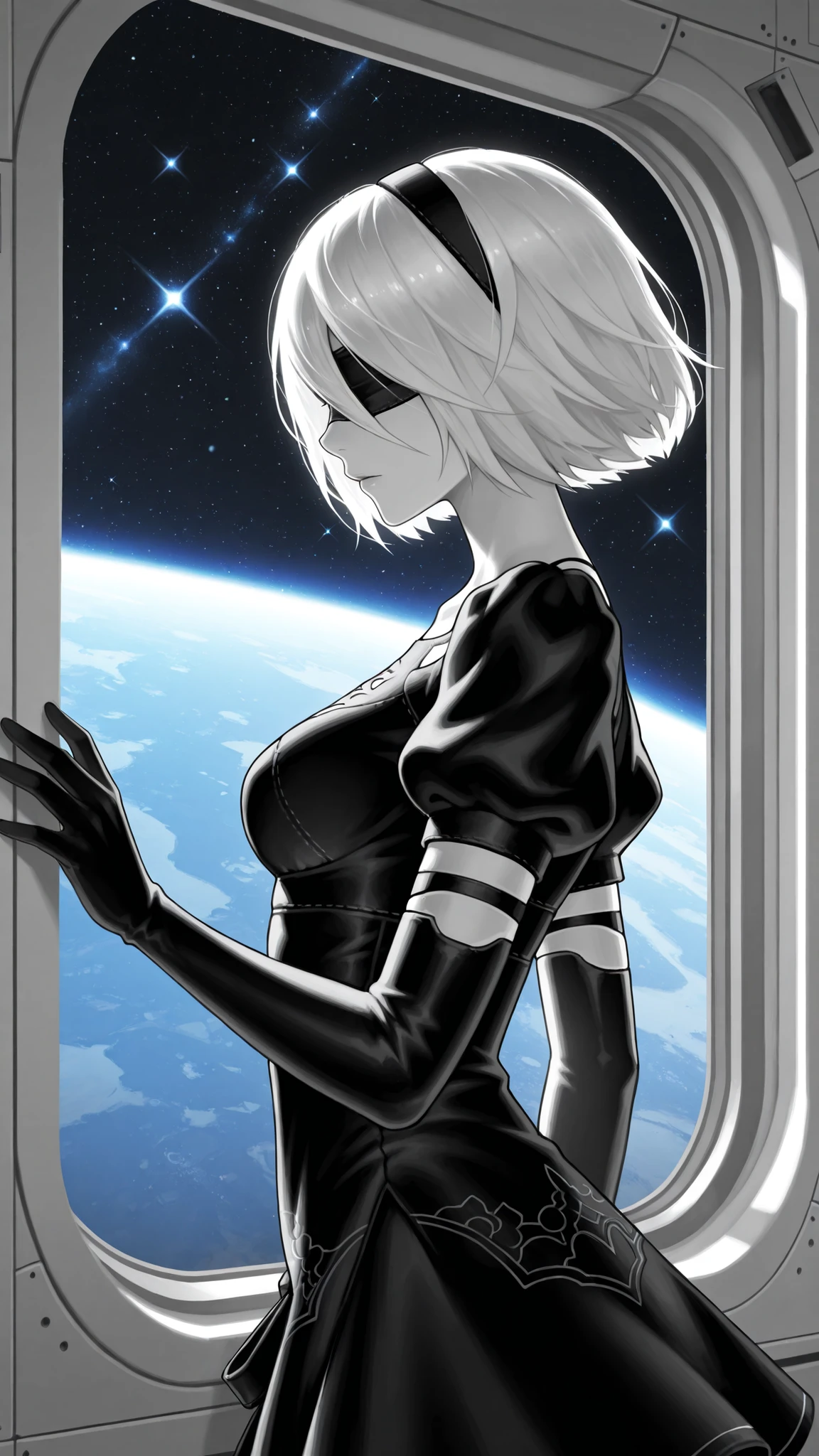 Monochrome, masterpiece, solo, 1character, a2_\(nier:automata\), in profile, short hair, hair band, blindfold, black dress, from waist up, close up, gloves, scenery, nierscene, in a space station, looking out a window down at the blue Earth, vibrant blue, stars in the background