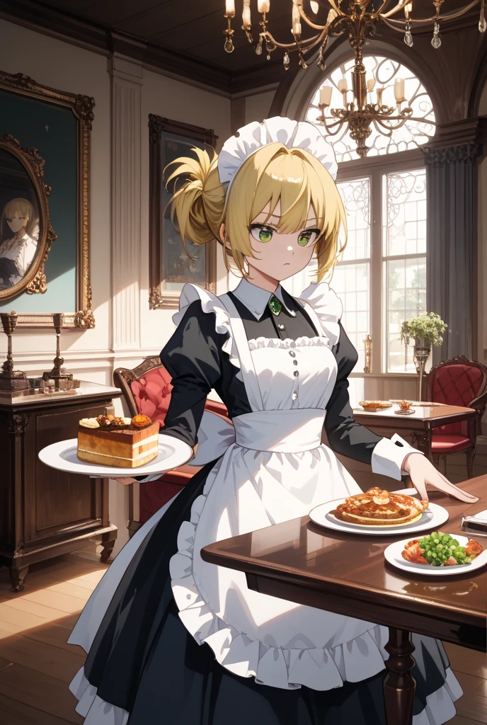 <lora:Mo-san:1> 1girl, blonde hair, medium hair, green eyes, braid, ponytail, <lora:fatesmaid-fe-richy-v1_pdxl:0.8> fates maid, maid headdress, maid apron, bridal gauntlets, black thighhighs, cafe, from behind, holding tray,, score_9, score_8_up, score_7_up, source_anime,