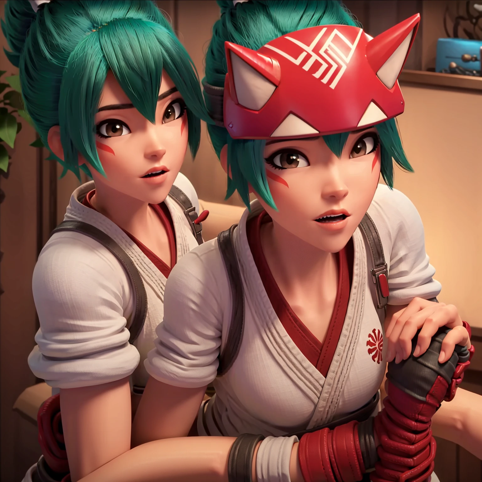 realistic, realism, photorealism, photo-realistic, high contrast, (photorealistic:1.4), 8k high definition detailed realistic, (best quality, masterpiece:1.2), NSFW,  photon mapping, radiosity, physically-based rendering, best quality, highly detailed, 1girl,  owkiriko, green hair:0.6, looks at the viewer, red dress, ((glowing eyes)),
