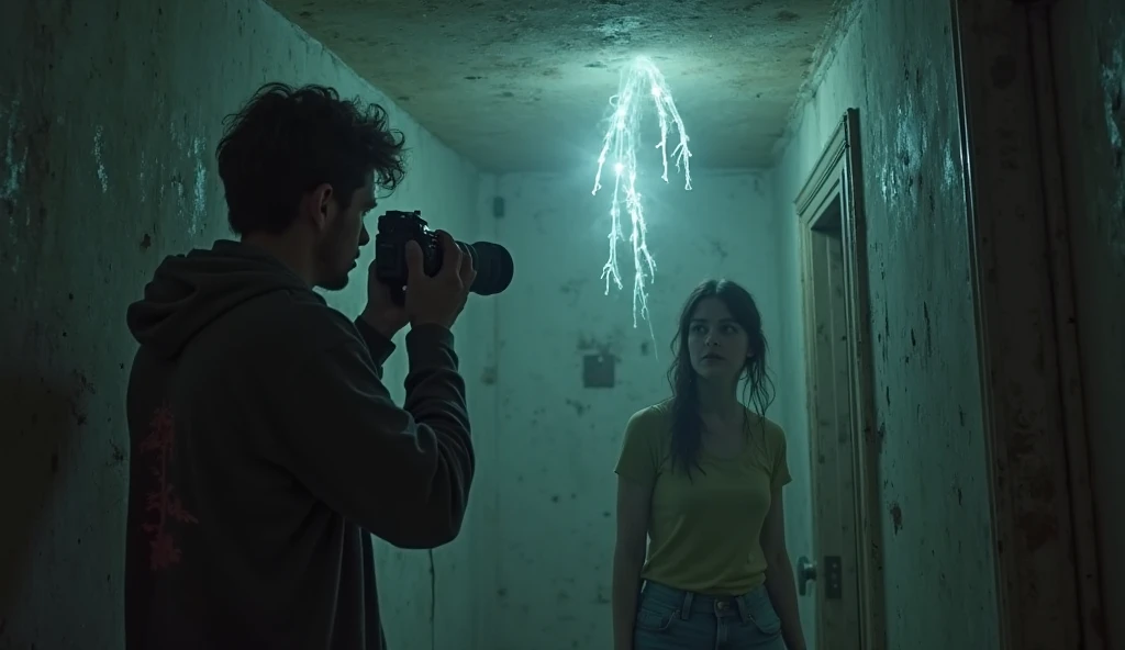 A teenager wearing a crop top and a skirt, a boy must be torturing her belly button with a taser gun, and the taser gun must throw a thunder to the middle of her belly button and she must cry