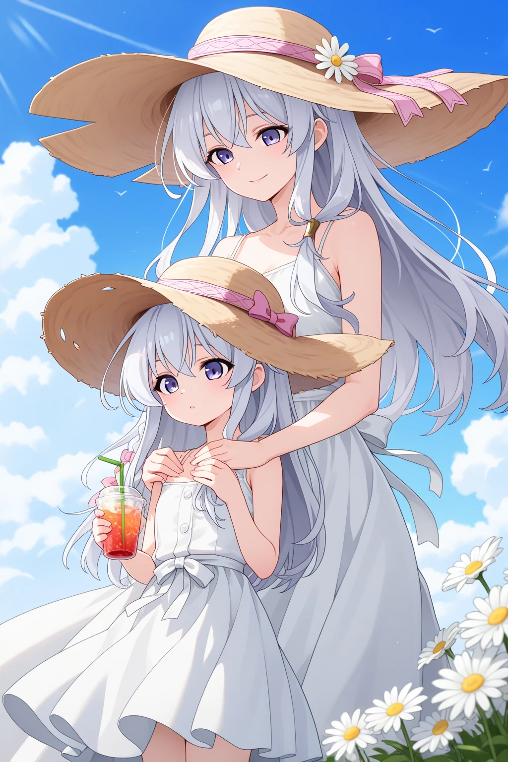 2girls, a girl eating an alien-looking fruit, white sundress, outdoors, summer in a different world, multiple beautiful planets in the sky, a girl living in a different world, , joyful smile, , cleavage