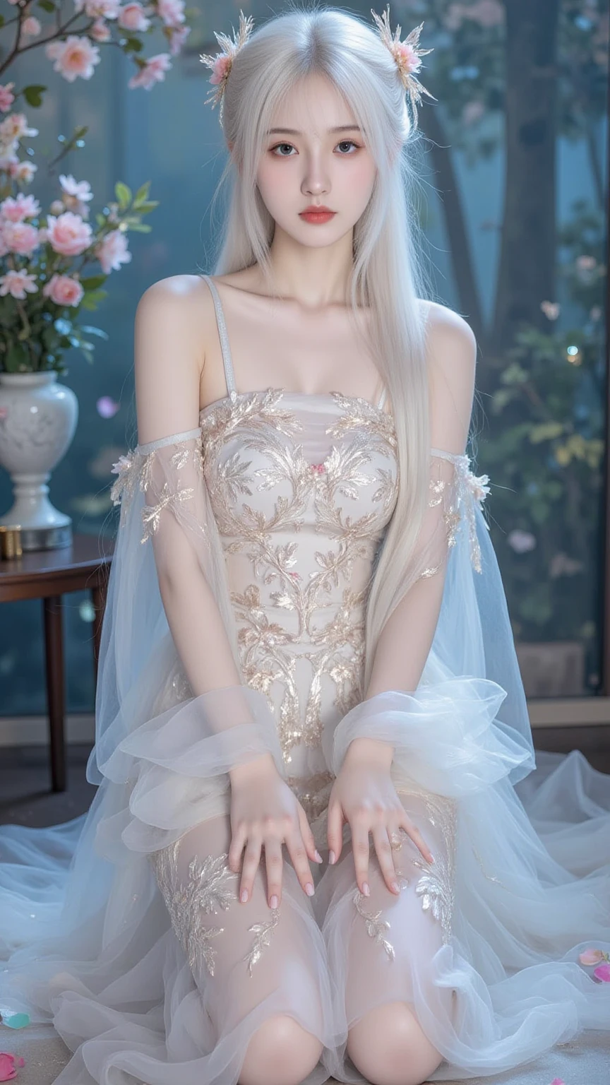 highest quality,masterpiece,Ultra-high resolution,(Actual:1.4),Original photo,Ultra-high resolution,8k,There are women,Fair skin,Exquisite makeup,Flowing white dress decorated with intricate silver embroidery_long sleeve_Thin,pink heels,Long legs,Bright and beautiful、Long straight hair_Hair reaching down to the waist,shy smile