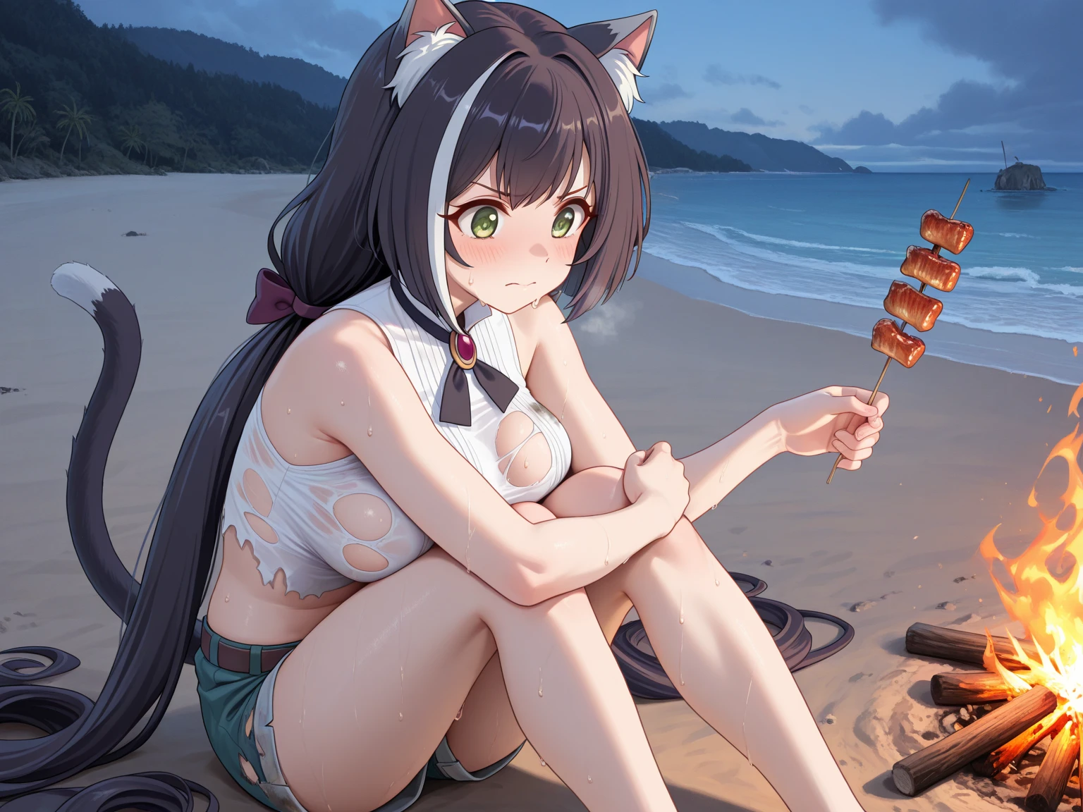((best quality ,masterpiece)),1girl,full body,solo,solo focus,night,red eyes,brown hair,floating hair,fox tail,multiple tails, smile,detached sleeves,white clothes, barefoot, jade ornament,outdoors,lying,on stomach,(beach,ocean:1.4),slim legs,single purple leg ribbon,