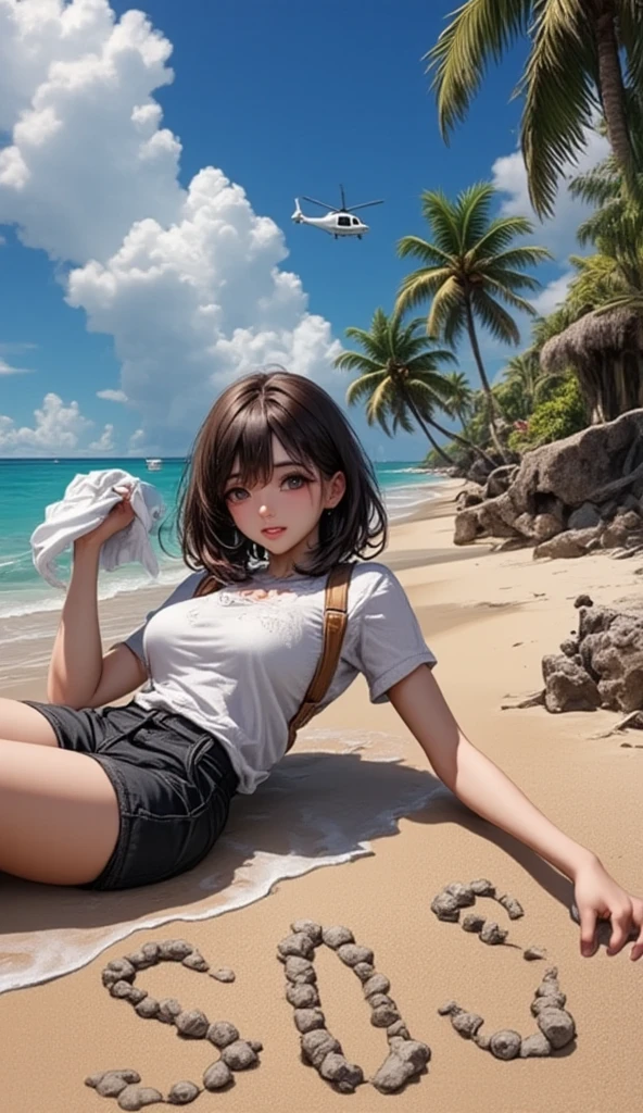 (Highest quality、masterpiece、High resolution、8K)、Vibrant colors、Young and beautiful woman 1、whole body、(Detailed face、Beautiful Eyes、Beautiful nose、Pretty lips)、Black and brown short bob、White tank top and shorts、barefoot、Jump High、Ride along the sandy beach、Surprised Smile、Official Art、The background is the sea、blue sky、Wide sandy beach、Wide forest、White waves and sandy beach、White Entrance Cloud、