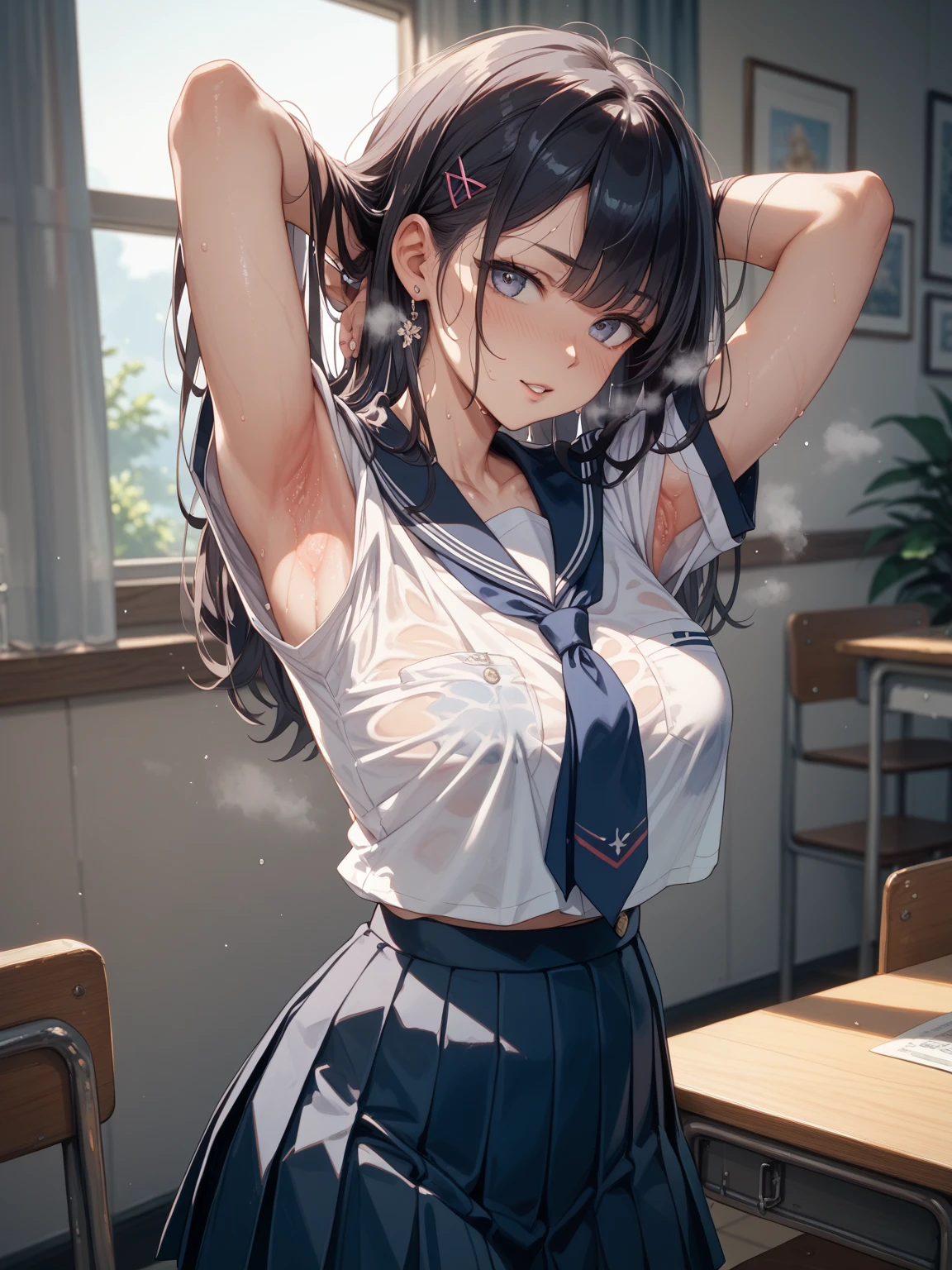 ((masterpiece)), ((best quality)), (dynamic angle), (ultra-detailed),((extremely detailed)), 4K, (8K),
1girl, ((beautiful blue eyes)), beautiful black twintail hair, glasses,
high school uniform, open-button shirt, pleated skirt, stockings,
room, Head, troubled face, confusion, computer
buttocks, large breast, sweaty, wet body, navel out, thighs out, slim, slender, ribon, ashamed, blush, translucent body, Transparent, shiny-glistening, gleaming,