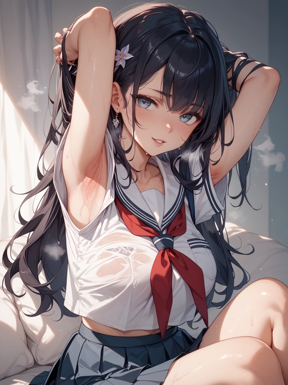 A girl,Sitting on the bed,There are a lot of stuffed animals,twintails,Long hair,Black Hair,((transparent)),Towering breasts,Sailor Suit,Slim waist,Showing belly,Smooth legs,blush,Pull up your skirt with both hands,See the pubic bone,
