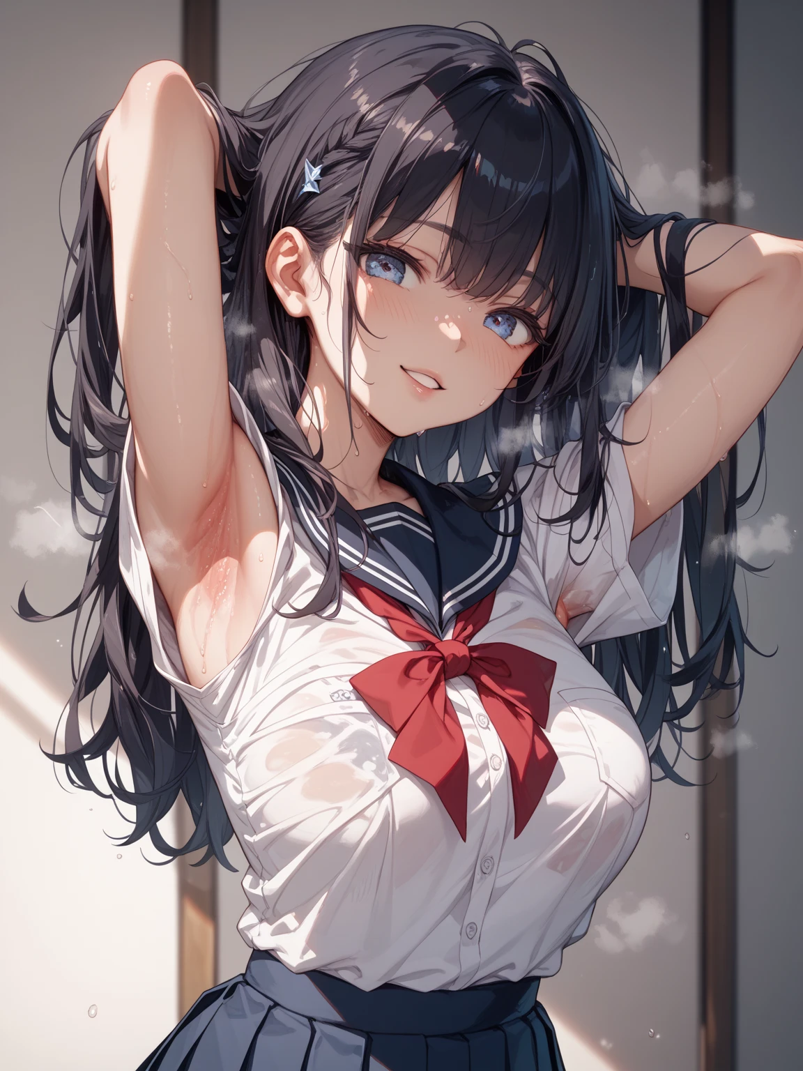 saten ruiko, 1girl,18yo,black long hair,(hair ornament, flower ornament,red neckerchief),good anatomy, masterpiece, best quality,realistic, hyperrealistic, 16k hdr, sailor , skirt,earrings,red neck ribbon, outdoors, sunny, detailed blue sky,strong wind,from below,(red blush,embarrassment,smile,open mouth),navel,erected nipples,(teaselift,shirt lift herself:1.2),upper body