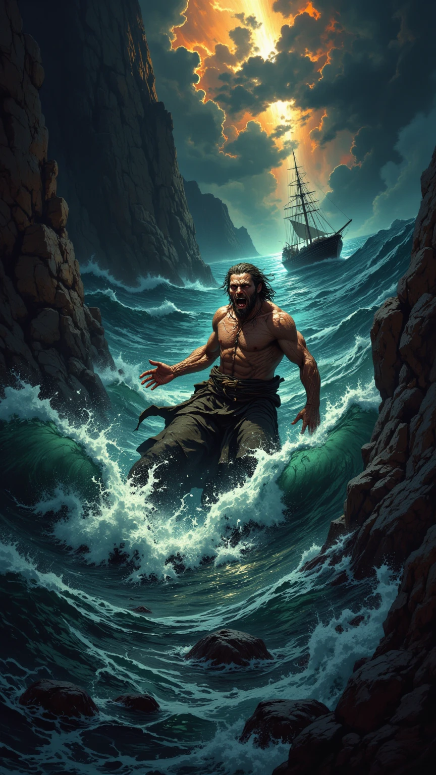 Realismo,(Obra maestra),mejor calidad,super definicion,8k,detalles intrincados,1 hombre encadenado en la profundidaes del oceano,intentando escapar,ahogandose,luchando con todas sus fuerzas,fondo azul oscuro,rodeado de peses y vida marina,hombre rudo con cicatrises por todo el cuerpo.