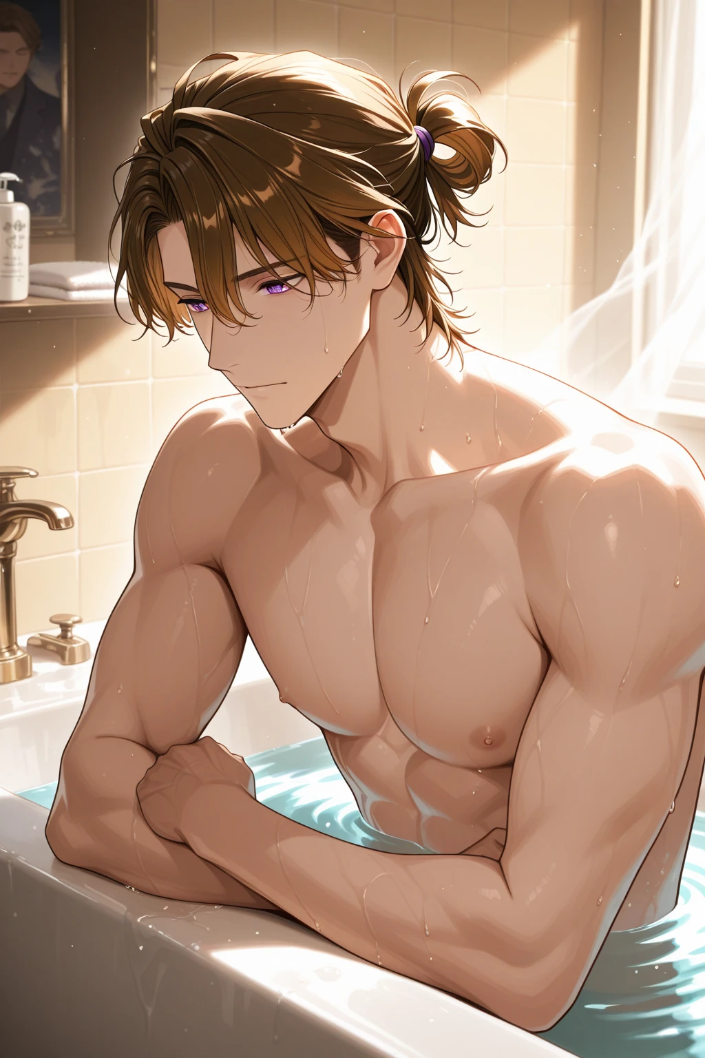 (closer inadvertent glint)1man naked and submerged in a tub with water, in the lab, white lights, alpha male, handsome, smirk, evil, Chris Bumstead, Leon Scott Kennedy, Mads Mikkelsen, intricate, solo focus, realistic, dynamic pose realistic, detailed and correct facial structure, handsome, attractive, slightly muscular, cinematic lighting, unreal engine, trending on ArtStation, intricate details, masterpiece, best quality, by Irakli Nadar, Greg Rutkowski,(((best quality))),(((ultra detailed))),(((masterpiece)))