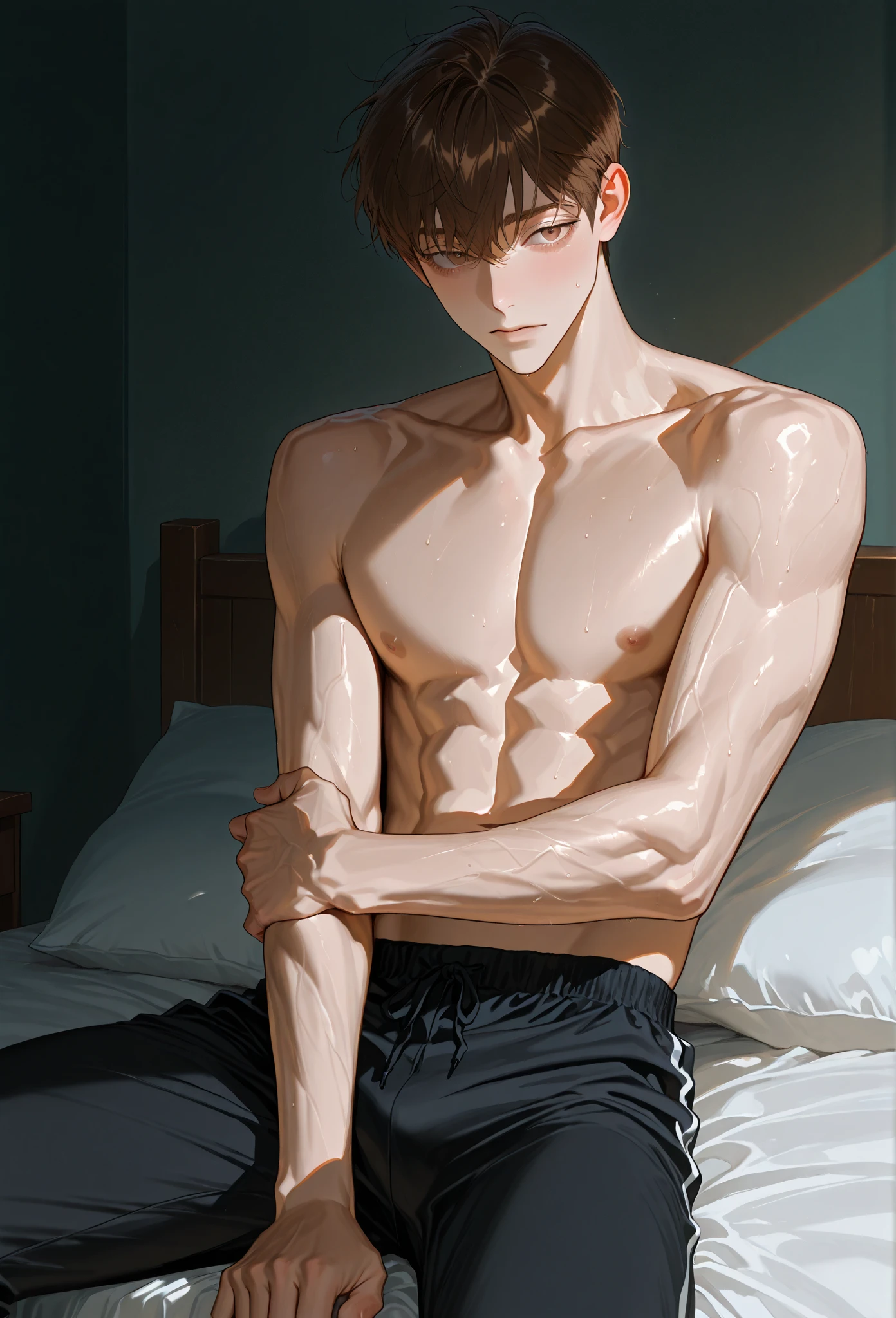 8k, RAW photo, photorealistic:1.25) , 1 boy, handsome, bulge, naked, sleeping on the bed, armpit hair, wearing only underwear, big bulge, handsome, 21 years old, good body, Korean, Asian, white skin, oily skin, half body photo, cute boy, no errors, good pict, no bugs, emo hair, copy face, take off his clothes, sharp eyes, sleepy eyes, sleepy eyes, nsfw, big bulge, hand detail, holding dicj, genital hair