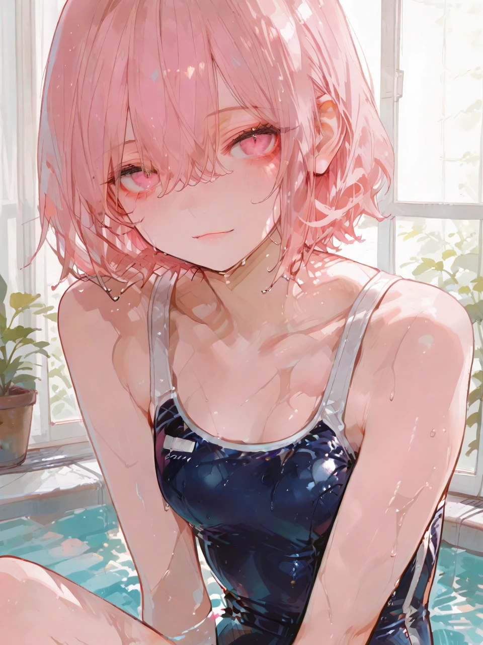 1girll，tmasterpiece，8k，Half realistic，4k，RTX，Shaders，Excellent texture work，Perfect body proportion，hyper HD，super detailing，best qualtiy，high detal，high high quality，A pink-haired，Lie on the surface of the water，Delicate face