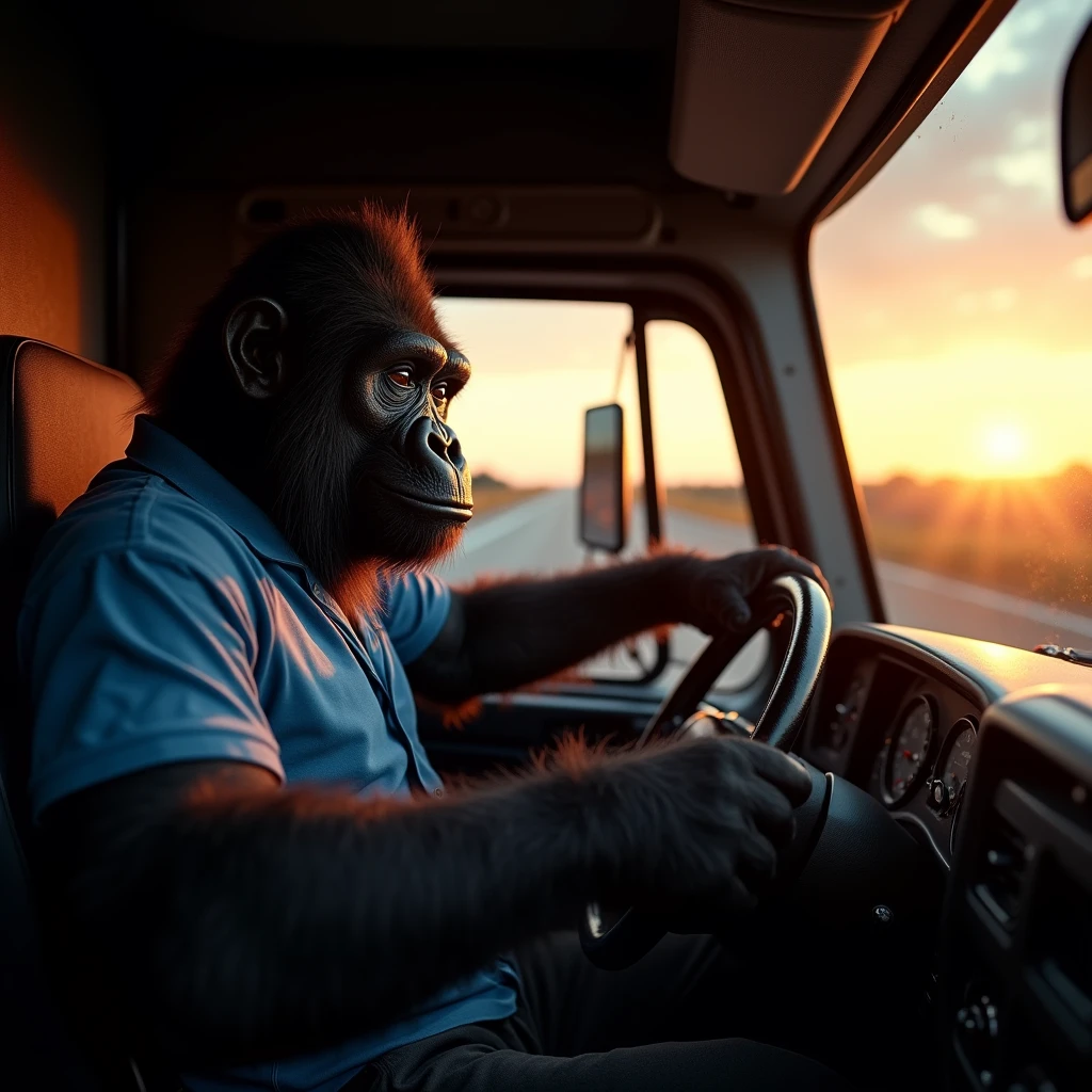 A realistic and cinematic POV selfie style image of a charismatic gorilla truck driver named Caco, wearing a blue shirt and black shorts, driving a big truck on a highway at sunset, warm lighting, detailed truck interior, slight smartphone shake effect, no text, 4k resolution