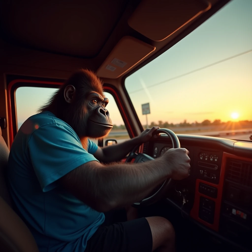 A realistic and cinematic POV selfie style image of a charismatic gorilla truck driver named Caco, wearing a blue shirt and black shorts, driving a big truck on a highway at sunset, warm lighting, detailed truck interior, slight smartphone shake effect, no text, 4k resolution