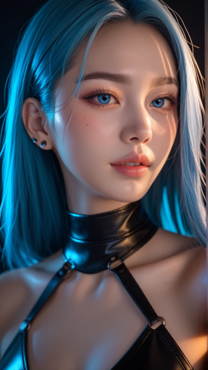 ((realistic)), ((best quality)), ((masterpiece)), (ultra details), 1girl, futuristic, cute face, k-pop idle IVE, messy hair, curly hair, wearing パワードスーツ、mechanical, wearing futuristic clothing, sexy posing, background cyber punk, background neon sign, steam punk, blue nipples, blue nipples, purple nipples, red nipples, yellow nipples, in spaceship