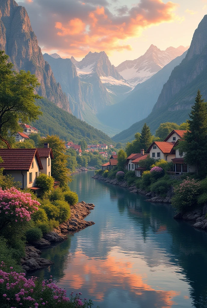 A small village on the banks of the river, mountains in the background ...