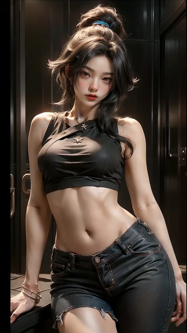 top quality, masterpiece, cinematic lighting, girl, smile, right eye closed, black hair, black eyes, white off-shoulder, black shorts