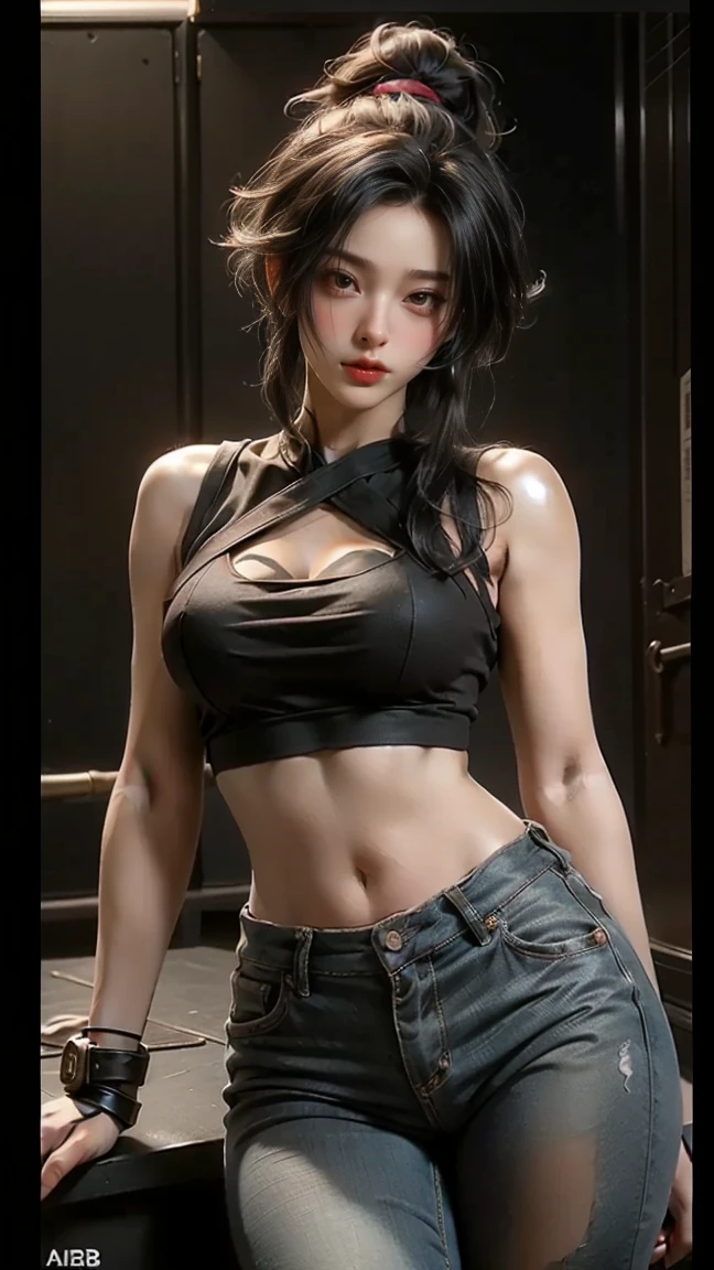 最好质量, Master masterpiece, alto_res, 1 girl, Beautiful face, photographrealistic, Rim lighting, (High detailed skin:1.2), 8K UHD, DSLR, highly quality, Hi-Def, 4 k, 8K, bokeh feeling, big tit, absurdist, Maximum ratio 4 fingers 1 thumb, Thin, Japan High School Girl、poneyTail, Glossy fabric that reflects only the upper body, Thin and huge、Miniskirt school uniform、Nasty woman、Navel dashi、Trained arms and abs、Muscler、macho、Hands folded behind the head、Show off your armpits、Miniskirt school uniform、Miniskirts for school uniforms、chest protruded、The skirt is all rolled up.Sleeveless、Coming to jump on me