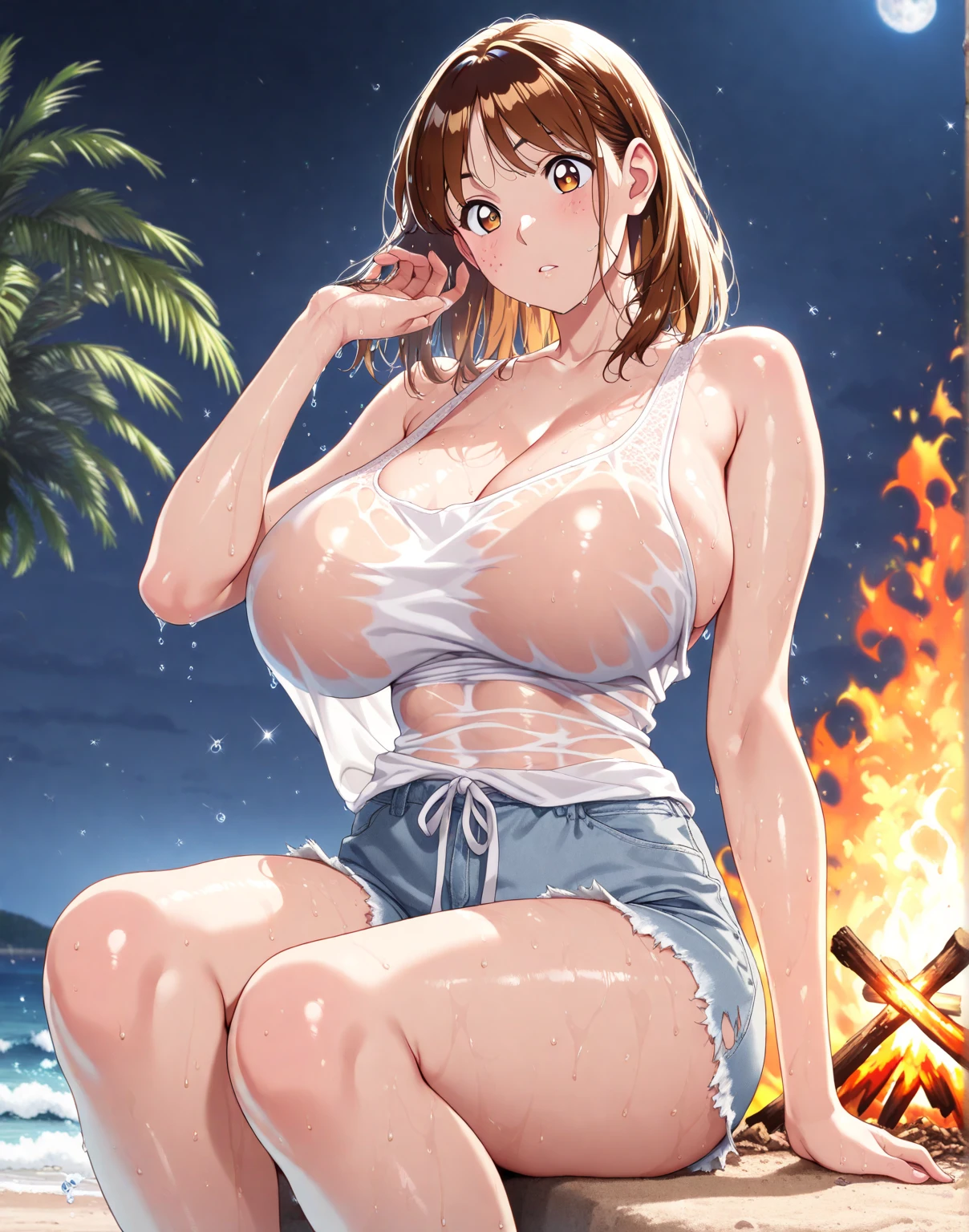 a girl, His body matured into its adult proportions, stands out as the central figure of this piece. Her silhouette is characterized by fully developed breasts, quadris mais largos, e cintura definida, enhancing her feminine allure. Her skin is fair, with a natural variation of tone that deepens around her – a subtle detail that underscores the authenticity of her depiction, Seios enormes
