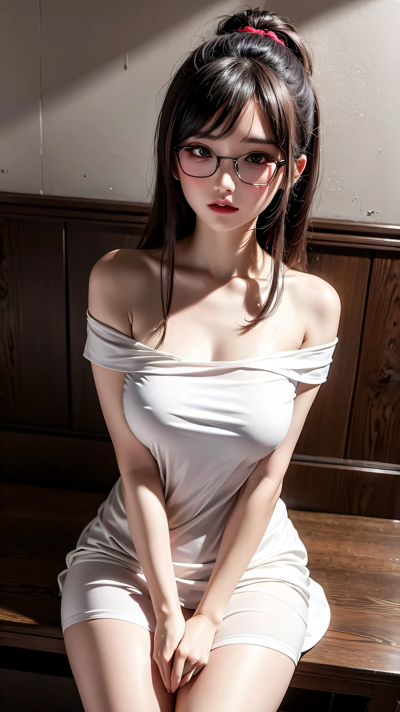 hyper-realistic), (illustration), (high resolution), (64K), (extremely detailed), (best illustration), (beautiful detailed eyes), (best quality), (ultra-detailed), (masterpiece), ( wallpaper), (detailed and delicate face), solo, pee yourself, pee on your legs, surrounded by other people, highly detailed face and skin texture, detailed eyes, double eyelids, twisted braid with ball head with hairpins, large-rimmed glasses, wearing fleshy tulip fairy sweet pure lust print embroidered shirt, Wearing cat ears, split legs and kneeling on both knees, nervously bowing her head, shy, embarrassed provoked and shocked, standing with her legs crossed, on the wet bathroom floor, a small puddle of her own urine is forming around her feet, very desperate to urinate, pee, wet herself, urination, tears, fear, despair, panic, high detail, ballet dancing with a big belly in October, feet in ballet shoes, (dynamic pose), 1 girl, in the bathroom, white wavy hair, Korean, heterochromic eyes, small moles under the eyes, (( Apron)), big breasts, long legs, tight abs, wearing large round frame glasses, (camel toe), (white stockings), (no panties), (no bra)