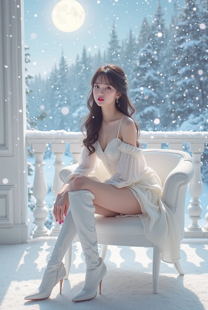 Fallen Ice Princess, Heavy Snow, Snow, Slums, Half Squat, Begging, Royal Jewelry Pearl Ornament, Princess Crown, Deep V Gown, Textured Shawl, Sexy Thermal Insulation Dress, Stiletto Thermal High Heels, French Pointed Toe Heels, Big Breasts Sagging, White Skin, 8K,