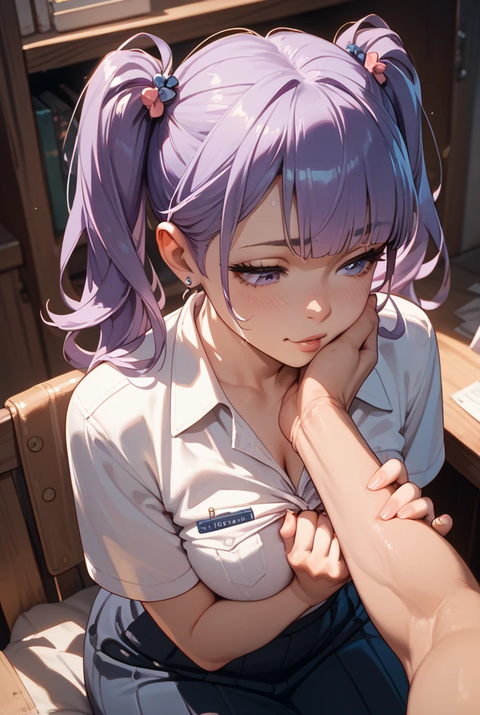 (8k, masterpiece, Best Quality, ultra-detailliert, Professional lighting, beautiful face, game cg, perfect anatomy), NSFW, hetero, (((2boys and 1girl))), (2penis, handjob:1.5), kneeling, open mouth, stick tongue out, pale skin, (16 years old), (completely nude), (light green micro panties), (black leather choker), (topless:1.5), ((fucked silly)), ((half closed eyes, upturned eyes)), ((classroom, window, blackboard)), moody lighting, middle hair, light purple hair, low twintails, volumey straight hair, sidelock, parted bangs, (light purple pubic hair), (detailed sagging breasts:1.3), curvy, gleaming skin, facial, cum on breasts,, (spoken heart:1.3), (sweat, drooling, drivel, saliva), (steam, heavy breathing:1.2)