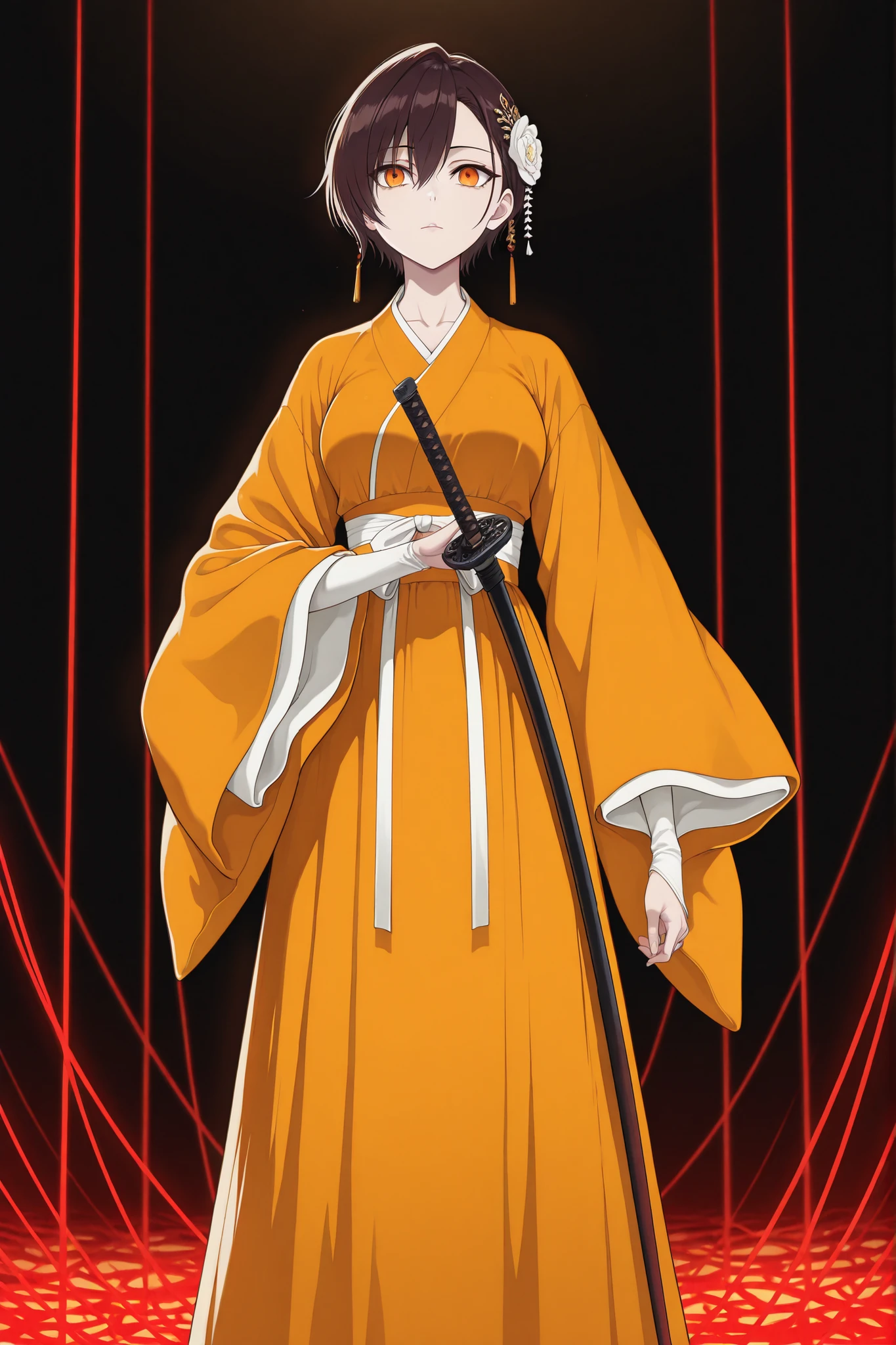 masterpiece, good resolution, HD Quality, newest, good lighting, good anatomy, good resolution, safe, . beautiful, anime, Japanese girl. delicate features. Dark Brown Hair and Short Hair, Hairstyle, Kanzashi. Intense orange eyes. piel clara, medium breasts size C, slim build. He is 20 years old, She measures 1'59 cm , Wearing traditional Hanfu. mirando al espectador, Alone, energetic chaos, horror environment . black background, red neon lines, orange and yellow. a black katana, red brands.