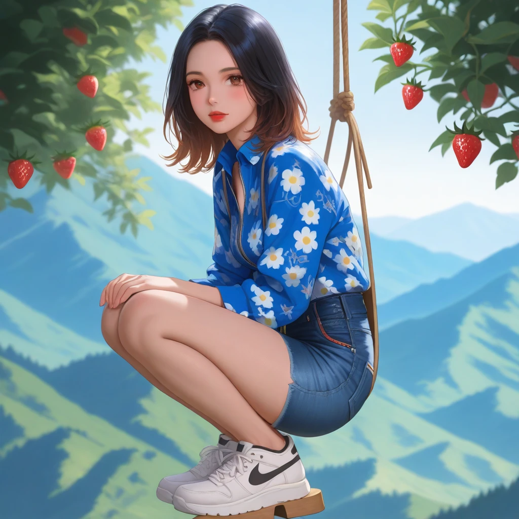 A girl with black hair, sitting on a swing, smoking a cigarette, He's looking the other way and the weather is cloudy.