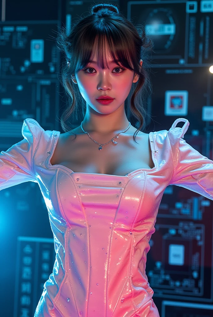 the number seven personified in a backlit woman with neon violet, synthwave, popcore color, mysterious smoke and mirrors, reflective and wet, dynamic composition and dramatic backlighting, highly textured, black, neon violet, neon orange,(detail), (complex), (8k), (HDR), (sharp focus), perfect fingers, high detail , expressiveness, masterpiece, (high detail skin and hair), ((high detail eyes)), (high detail clothing), ,(perfect facial features)