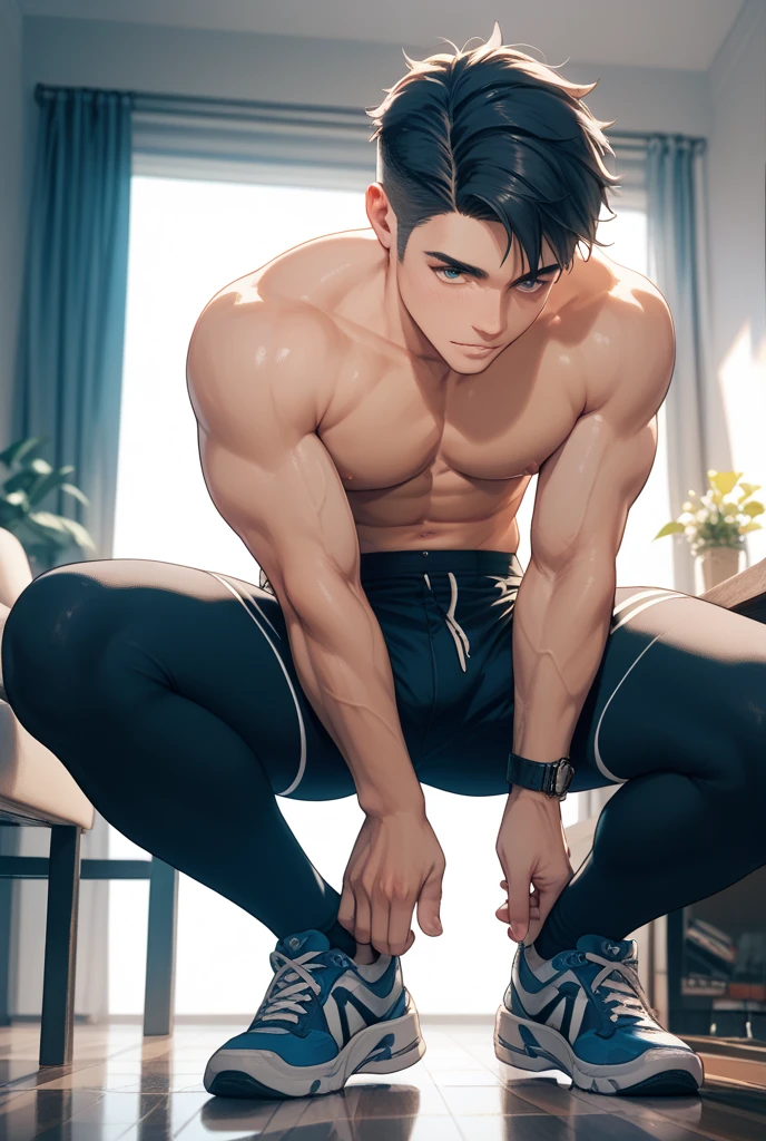 Masterpiece, Best quality, face, Natural eyes, 1人, Solo, , White socks, full bodyesbian, large bulge, Long legs, view the viewer, Brave， musculous，Raised sexy，mature,tightsuit, short detailed hair, Red eyes, Topless, Shirtless, Open chest, Eight-pack abs, Sexy,(Masterpiece, Best quality), 1人, musculous, short detailed hair, with brown eye, 复杂, (dress room), full bodyesbian, vivd colour,(depth of fields:1.2),(Abs)，looking at viewert，A piano，spread their legs，Anime characters in white wetsuits surf the ocean with surfboards，malefocus，Bulging crotch，Crotch bulge，Briefs，Muscle men，Apollo，Helios，Flame，sky ,，Thriller blockbusters，UHD resolution，Top quality，1 to 2，