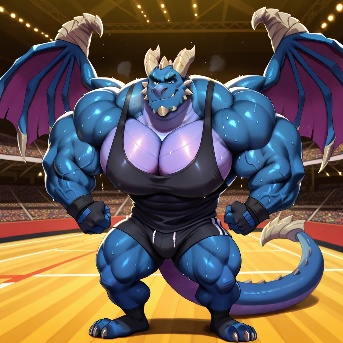human nature, cannon, male, solitary, ((the strong,Handsome)), (dragon), Chibo,Six-pack abs,(indoor),Feet facing the audience,Dirty white socks,Blue shorts,Sweat:1.3,high quality, (4K,high quality, high resolution, masterpiece), cartoon,by lindong