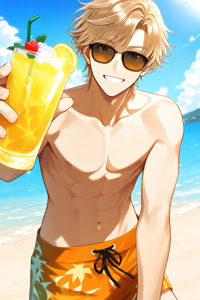 Kingdom hearts、((sky))、One Boy、Spiky hair、Active、Tropical、beach、(sitting and eating iced shandies)high resolution