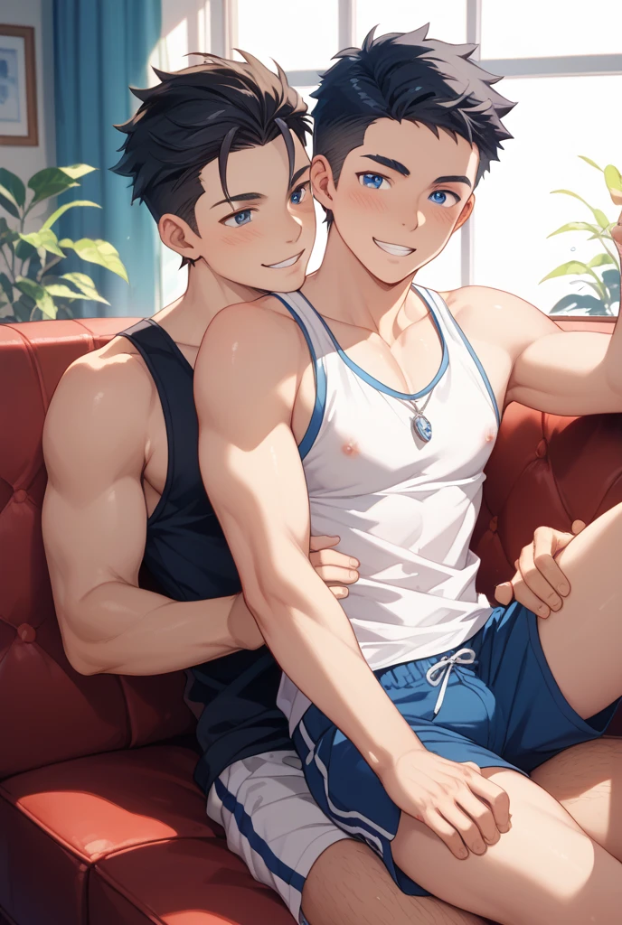 score_9, score_8_up, score_7_up, source_anime, 1boy, dominant white male, male, enormous ligh skinned mal, smug, muscular light skinned male, sexy, shorts, sitting on loveseat, indoors, horny, big dick,twink, lean, twink boy, yumejoshi, femporn, marceline, marceline abadeer, purple eyes,