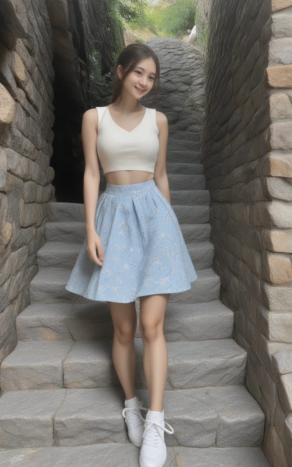 (Realistic, high resolution:1.3), 1 girl with perfect figure, Super fine face and eyes, Long hair, vests: 1.Two random colors, Short skirt, beachside, Big breasts, Exposed cleavage,Long legs,high-heels,Full body photo