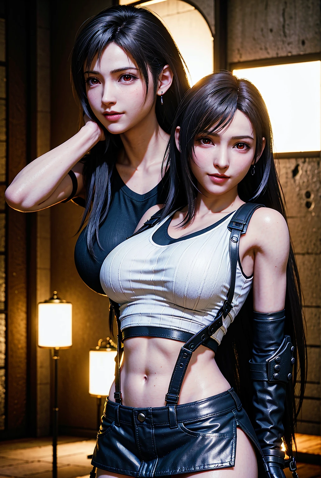 (Photorealistic: 1.4), top quality, very delicate and beautiful, high resolution, 1girl, tifa_lockhart, smile, cowboy shot, suspenders, mini skirt, sports bra, tense shirt, black hair, long hair, elbow gloves, beautiful detailed red eyes, face light, cinematic lighting, big breasts, navel, low rise, ribs, abs, exposed abdomen, pointed chest, tip of chest, belly, girl 12 years old, shine body, wet body,
