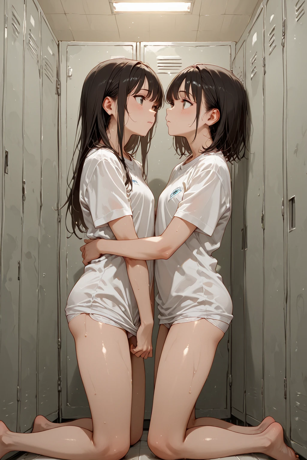 two beautiful women are in love,A woman hugs her partner from behind、caress the chest and crotch,Both are beautiful like goddesses,Wet skin,Two people who look exactly alike'i'I'm so embarrassed I feel like crying.,red blush,Teary-eyed,Accurately drawn face,fullnude,a necklace,tre anatomically correct,perfectly proportions,Precise fingers,one person puts his hand on the wall,another person hugs me from behind,In the shower room,masterpiece,hiquality,erotick,