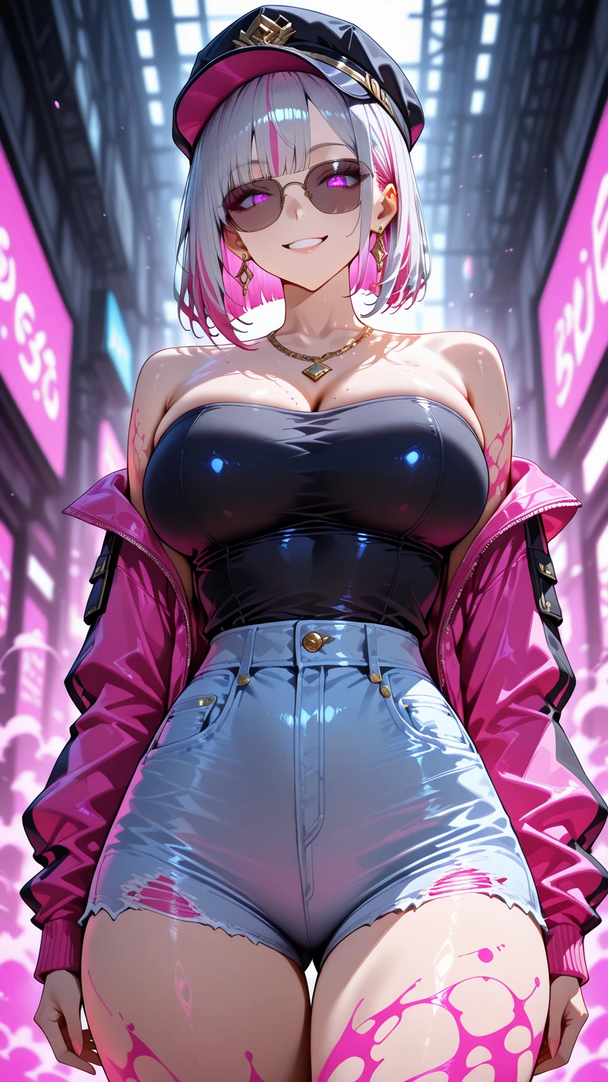 ((Highest quality, 8k, masterpiece :1.3)), (Sharp focus :1.2, Beautiful woman with perfect figure :1.4, Slim Abs :1.2), ((Big Breasts, Emphasize cleavage, The underboob is visible:1.3)), (Photorealistic:1.4), (realistic:1.4), (Pink Hair:1.5), Highly detailed face and skin texture, Fine grain, double eyelid. Makeup face, A little bit of lipstick, sex appeal, Sexy gravure pose, ((Pink blouse and white skirt。The background is the museum、night show。Accessory: silver necklace。:1.3)