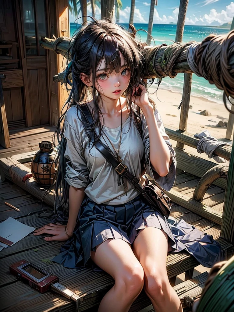 Girl standing on the beach, pirate boat in the background, masterpiece, best quality, (extremely detailed unity 8k CG wallpaper), (best quality), (best illustration), (best shadow), absurdities, realistic lighting, (Abyss), beautiful detailed brightness.