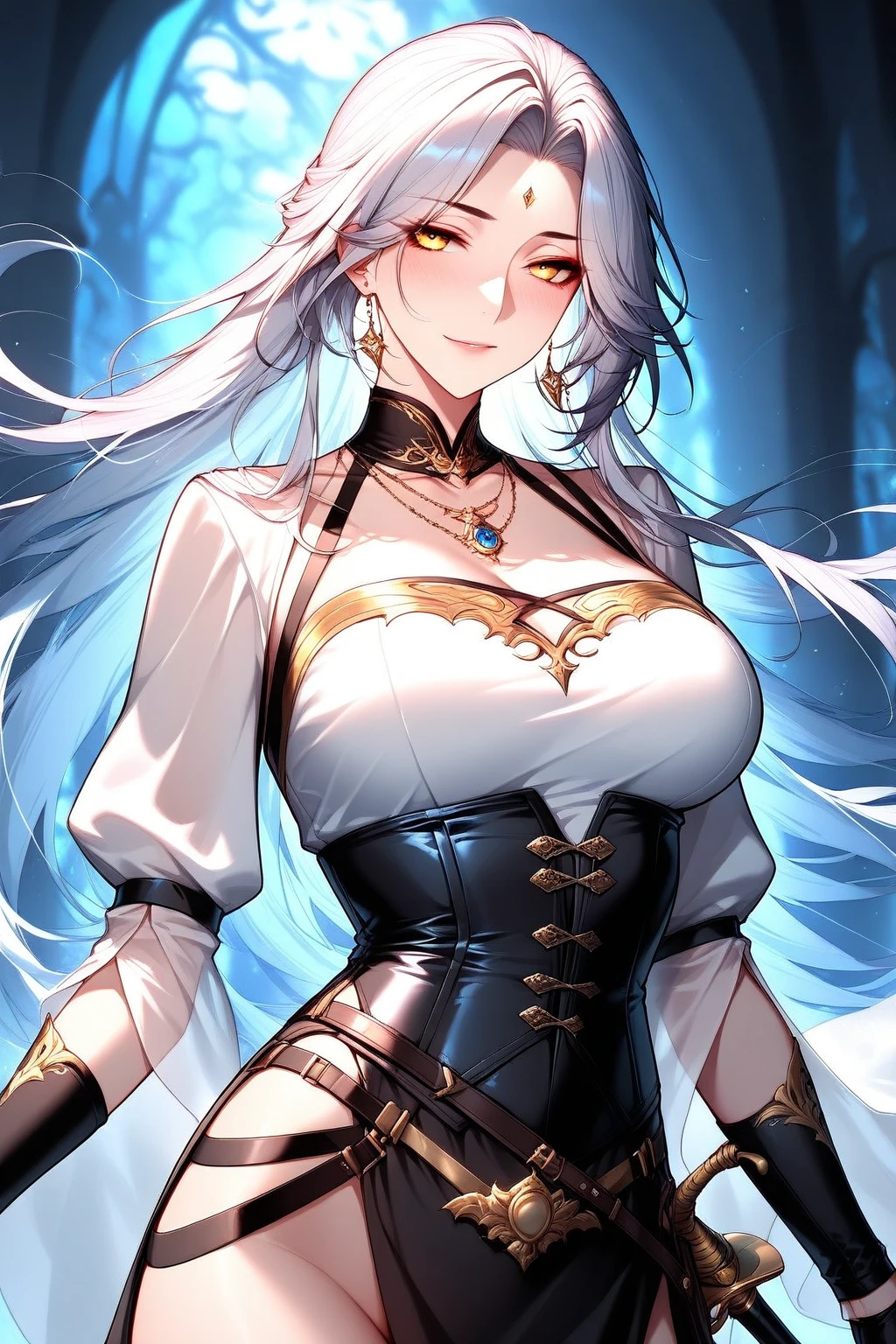 1girl,solo,super detailed skin,shiny skin,wet oily skin, serious face,eyelashes,lips gloss,white hair,long hair,large breasts,unique and complex clothes ,arm forward,magic circle,DonMM4g1cXL,from side,night fantasy town,masterpiece,best quality,ultra detailed,high resolution,sharp focus,depth of field
