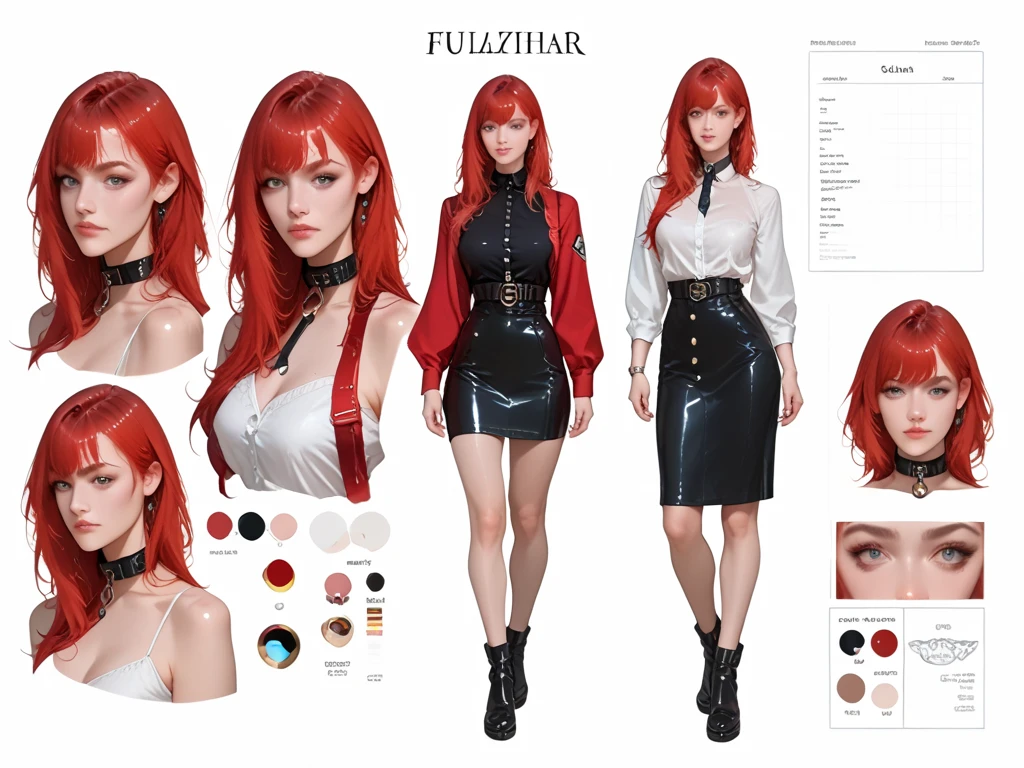 Character design sheet, pale skin ,breast out (muscular)) ponytail very long hair, small sport top, cleavage breast, They are smiling, look at viewer, Orange hair , multi angles, perspective..