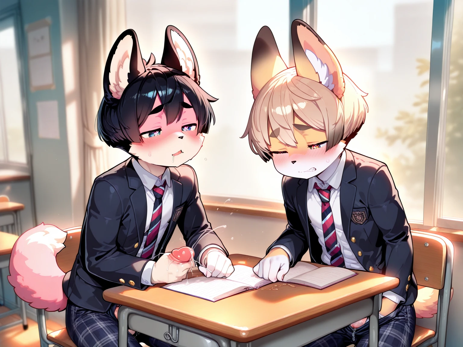(masterpiece), (best quality), (high res) (solo), (perfect ???????) (perfect face), wolf and sheep hybrid, (black hair), (black wool), (curly short hair), fair skin, ambiguous gender, (1boy1girl), flat chest, wide hips, thick thighs, (school uniform) (black pants), (black jacket with red lights), (white shirt), yellow glowing in the dark eyes, serious, androgynous, (long eyebrows), in a school room, distracted, seated, looking at a window, ignoring the viewer, ripped clothes, damaged clothes, man, (???????) (kissing) (French kiss), (kissing each other), penetration, getting fucked, ????????, ??? on face, ??? on mouth, ??? on body, full of cum, ??? everywhere, drowning in cum, used, left in the ground full of cum, ??? leaking everywhere, showered in cum