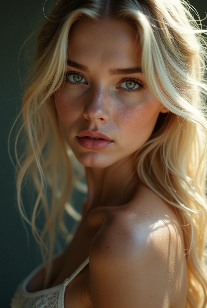 Beautiful girl with long blonde hair, Detailed eyes, nose, And lips, Completely naked, (Highest quality,4K,8k,High resolution,masterpiece:1.2),Very detailed,(Realistic,photoRealistic,photo-Realistic:1.37),High resolution,Studio Lighting,Very detailed顔と体, Portraiture,Cinema Lighting,Dramatic lighting,Warm tones,Dramatic colors