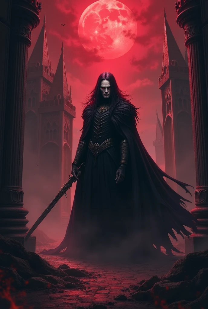 ascribed image of a man in a red cloak, standing in front of the castle, Fantasy Vampires, gothic fantasy art, Spelling, Spelling inspired, Dracula's Castle, dark fantasy artwork, dark fantasy art, Castelvania, dark fantasy concept art, dark fantasy horror art, deep crimson and dark shadows, dark fantasy art, vampire lord, an ominous fantasy illustration