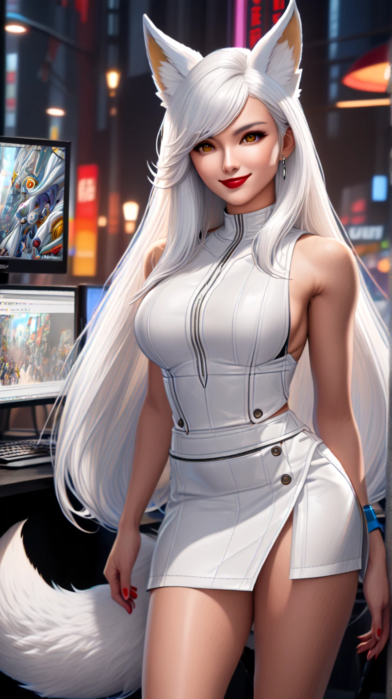 great quality ++ Extremely detailed high resolutionolution, very aesthetic, expressive eyes, (((Perfect face))), (((face symmetrical))), ((good anatomy)), (((perfect hands))), (((8k))), UHD, hd wallpaper, (((detailed high cal, (((((1girl)))))), only, Masterpiece, The best quality, high resolution, Highly detailed, (illustration), Beautiful detailed eyes, ((((full body))), (((solo))), (((((Koyanskaya))))), (((cosplay of Weiss Schnee))), (((smiling))), (((fusion))), (((agglutination))), (((Combination))), (((((White hair))))), (((blue eyes))), (((ponytail))), (((jewelry))), (((necklace))), (((earrings))), only, jaeces, earrings, long hair, parody, (((scar))), (((scar ocular))), (((hair ornament))), (((office background))), Side ponytail, scar en la cara, Upper part of the body, (((fox tail))), (((fox ears))), (((tiara))), (((jewelry))), (((earrings))), (((neckline trimming))),