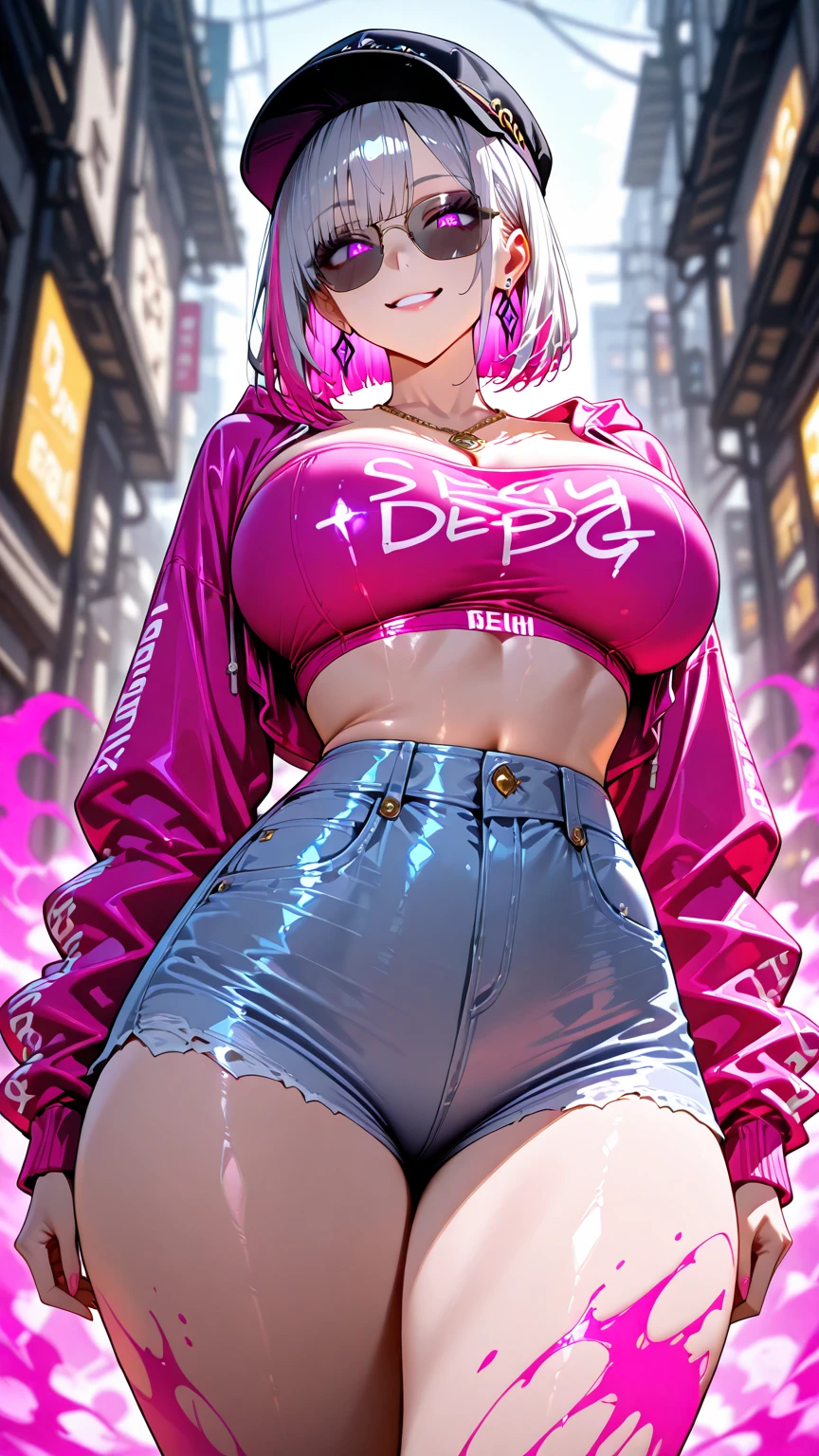 absurdres, [perfect shadows and lighting], detailed background, incredible high-key lighting, masterpiece, high quality, detailed, extremely detailed, ambient soft lighting, 4K, 1girl, glowing, glowing eyes, pink hair, hair between eyes, huge breasts, lips, long hair, looking at viewer, navel, parted lips, plump, purple eyes, solo, big breasts, arms at sides, (purple theme), Tokyo 80's Synthwave music 🎧 Chillwave Cyberpunk electro arcade mix🎵
